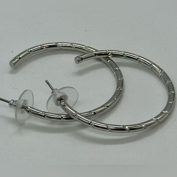 Christopher and Banks Silver-Tone Textured Open Hoop Earrings 1.5 inch - Picture 2 of 5